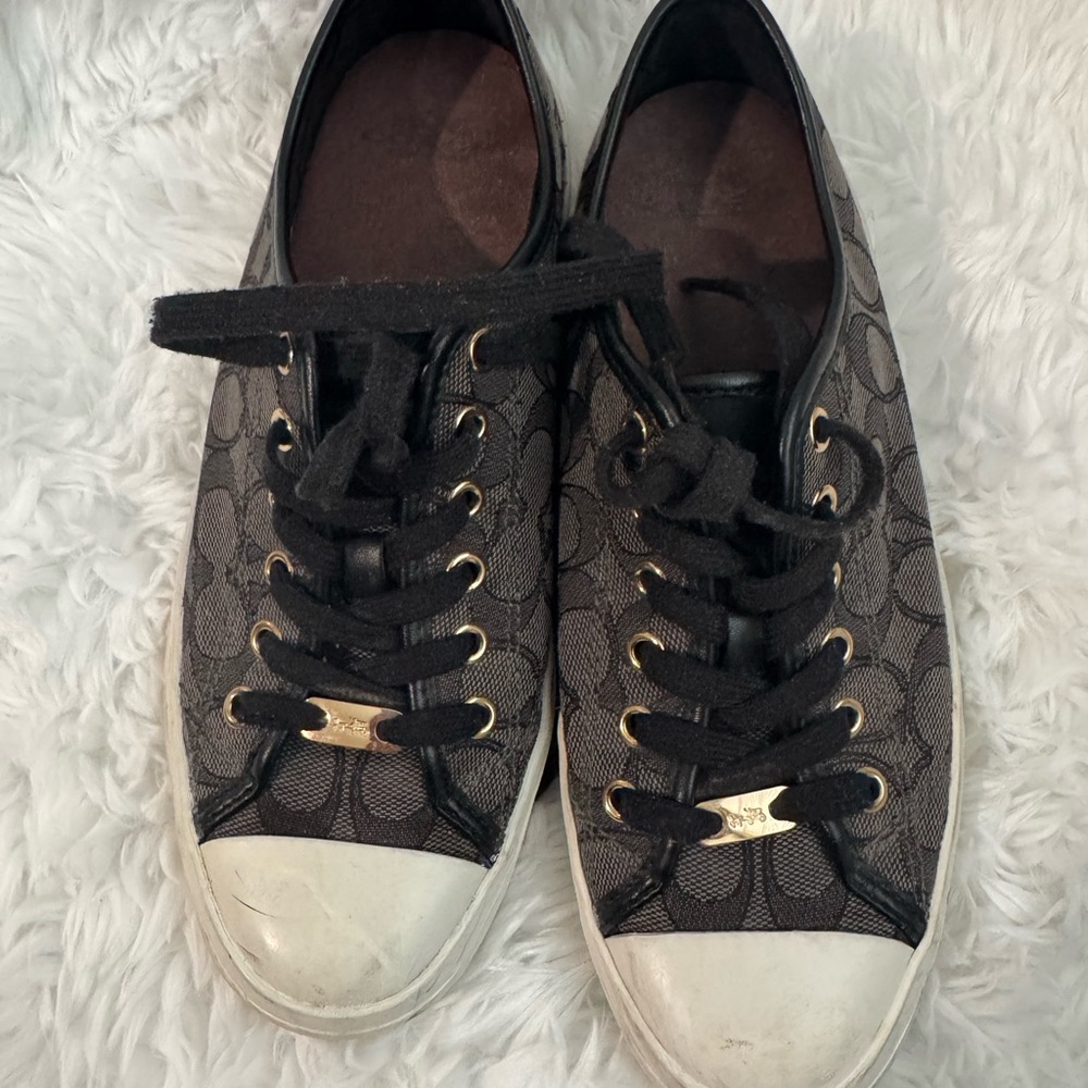 Coach Black Signature Monogram Low-Top Sneakers with White Toe